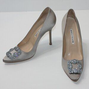 Manolo Blahnik Gray Satin Hangisi 90 mm Pump with Crystals in EU 40 / US 10 NEW